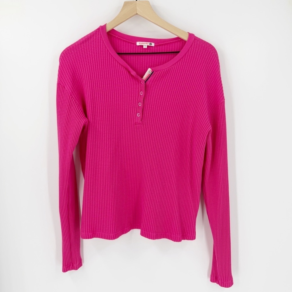 Evereve Sundry Pink Stripe Thermal Henley Long Sleeve Top Size 1 Soft Stretchy